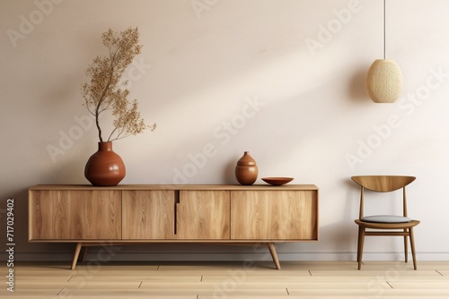 Cabinet with a Japandi wooden design in a living room with Muji style simplicity against an empty wall background photo