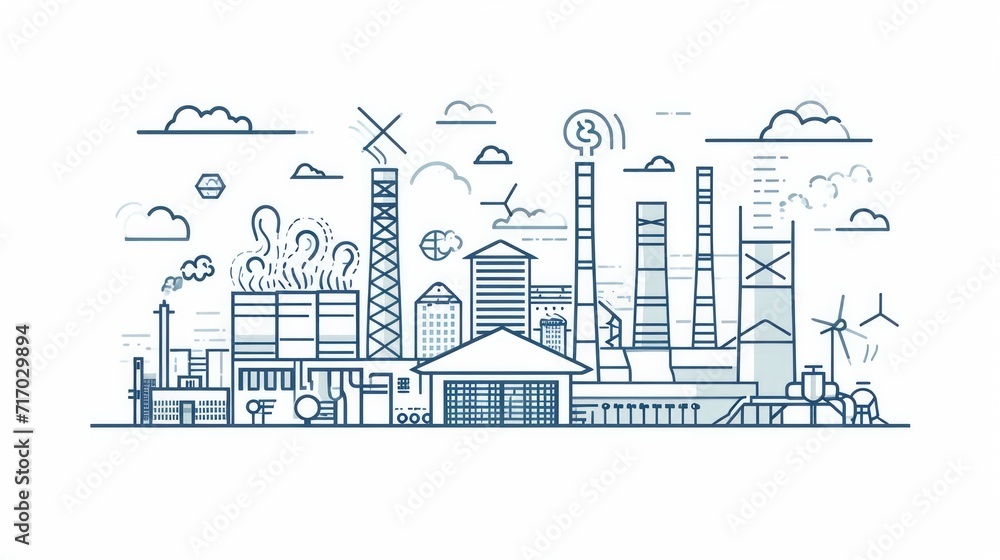 Concept of industrial plant and manufacture building. Energy and Power icons set. Energy generation and heavy industry. Modern brochure, report or cover design template. Thin lines style