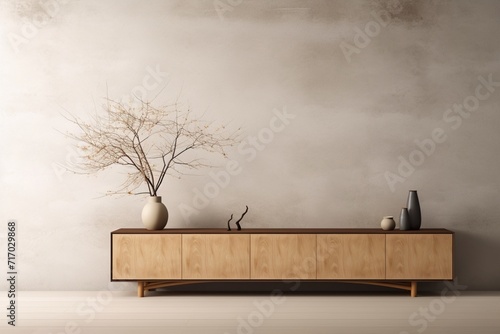 Fotobehang Cabinet with a Japanese wooden design in a minimalist living room against an emp