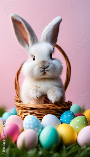 White rabbit in a basket with colorful Easter eggs on a pink background. Easter concept. © Tetlak