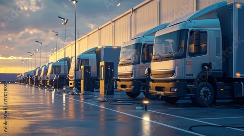 Company electric cars fleet charging on fast charger station at logistic centre. Cargo transport delivery utility vehicles semi truck, van, business recharging renewable solar wind electricity energy photo