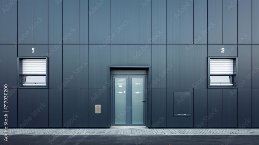 Details of gray facade made of aluminum panels with doors and windows on industrial building - obrazy, fototapety, plakaty 
