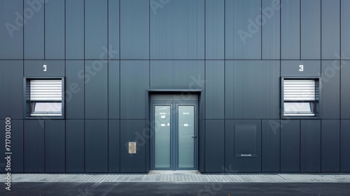 Foto Details of gray facade made of aluminum panels with doors and windows on industr