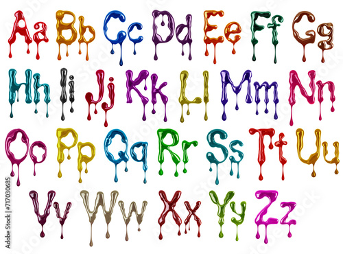 Colorful glossy large and small latin letters with dripping drops drawn with paint on a white background