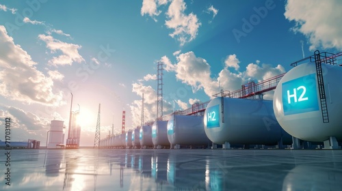 Energy company equipment. Tanks for hydrogen storage. Production of clean energy from hydrogen. Tanks contain H2 to create electricity. Hydrogen power plant photo