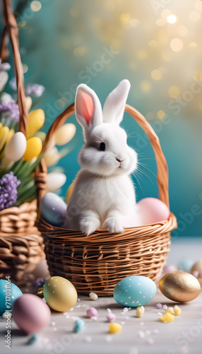 Easter concept with a cute bunny in a basket surrounded by colorful eggs and flowers against a bokeh light background.