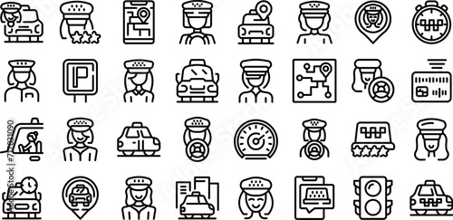 Taxi driver woman icons set outline vector. Car city phone. Mobile cab girl