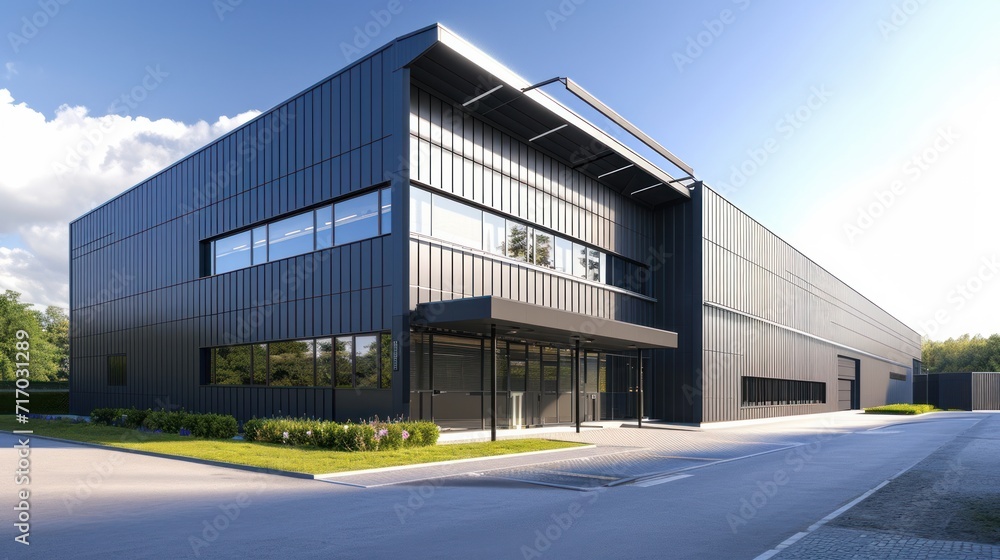 Exterior of a modern warehouse with a small office unit Exterior of a modern warehouse with a small office unit