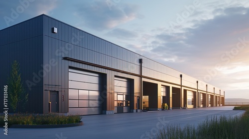 Exterior of a modern warehouse with a small office unit photo