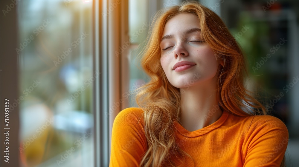 Serene woman enjoying sunlight by the window in a cozy setting Serene woman enjoying sunlight by the window in a cozy setting