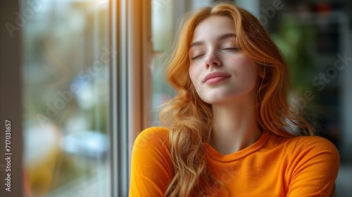 Serene woman enjoying sunlight by the window in a cozy setting