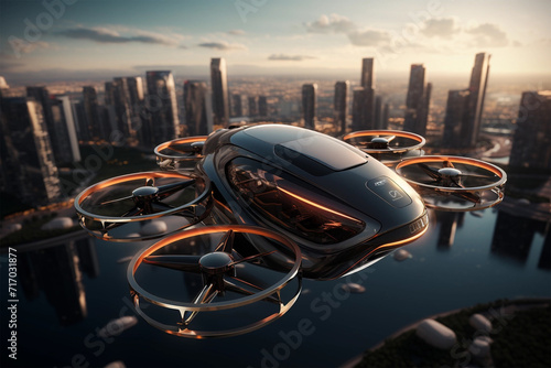 A futuristic image of a manned roto passenger drone for future air travel and robotaxi concept is seen above a modern city.