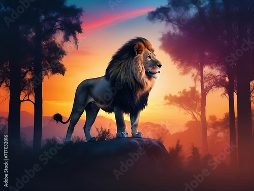 A powerful lion stand in a dense forest.