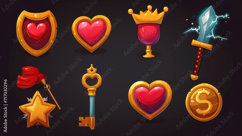 Game icons with heart, lightning, key, crown, gold cup and star. Vector cartoon set of symbols for gui of rpg computer or mobile game, shield, sword, coins, potions and red flag Game icons with heart, lightning, key, crown, gold cup and star. Vector cartoon set of symbols for gui of rpg computer or mobile game, shield, sword, coins, potions and red flag