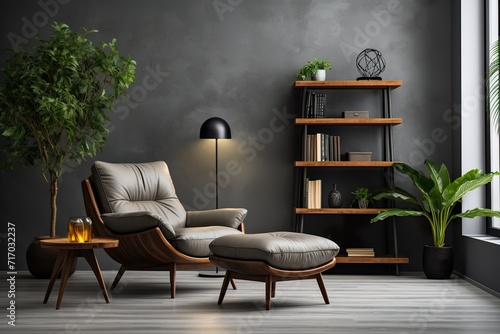 minimalistic design Interior of living room with armchair, shelving unit and artificial plants,