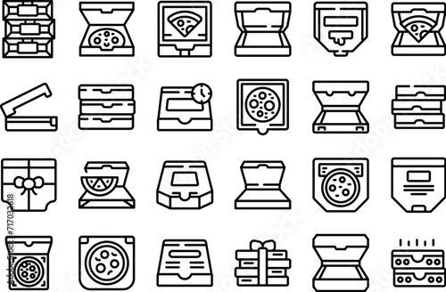 Cardboard pizza box icons set outline vector. Open food carton. Closed pack photo
