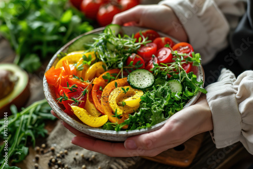 Woman holding a colorful vegetable salad in a bowl.