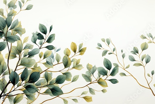 minimalistic design Watercolor seamless border - illustration with green gold leaves and branches #717033045