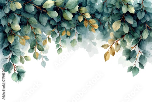 minimalistic design Watercolor seamless border - illustration with green gold leaves and branches #717033064