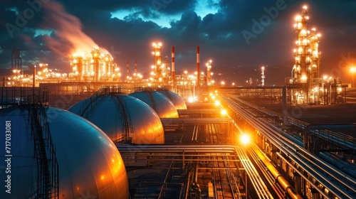 Gas storage sphere tanks and pipeline in oil and gas refinery industrial plant with glitter lighting industry estate at night photo