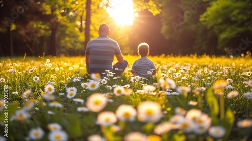 Father and son enjoying a peaceful sunset in a daisy field photo