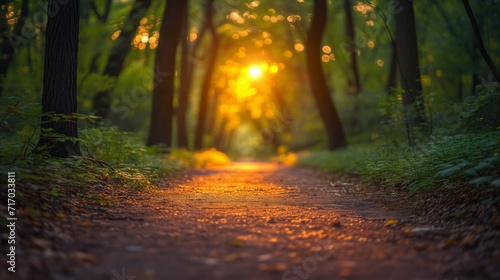 Sunset glow on a forest path  peaceful nature scene with warm light