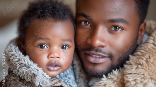 Loving father holding adorable baby with warm eye contact photo