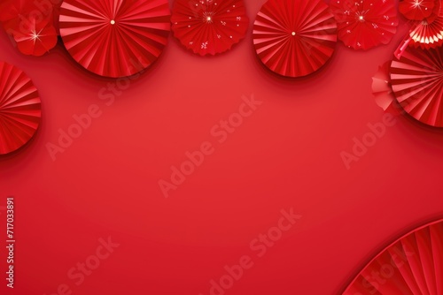 Paper flowers and a fan on red background. Copy space. Mockup for Chinese New Year.