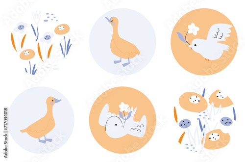 Happy Spring round stickers in vector. Cute and funny goose, birds,and flowers , graphic holiday elements . Spring character set for banners, posters, stickers, cards