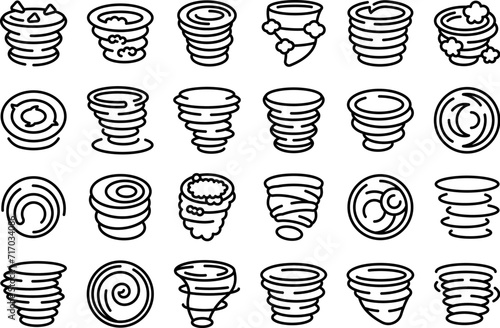 Cyclone twister cloud icons set outline vector. Tornado wind. Storm disaster
