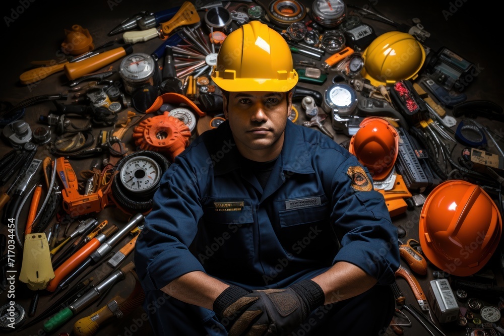 Fototapeta premium Worker in uniform with hard hat surrounded by an array of tools