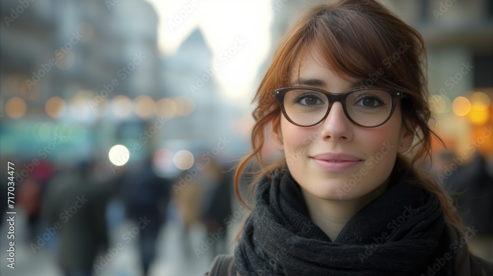 Confident young woman in glasses on busy city street Confident young woman in glasses on busy city street