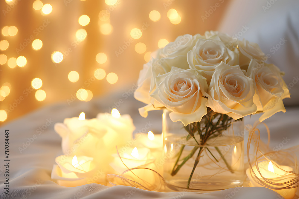 Obraz premium A dreamy composition showcasing the elegance of soft white roses and the enchanting glow of fairy lights in a cozy setting Generative Ai,