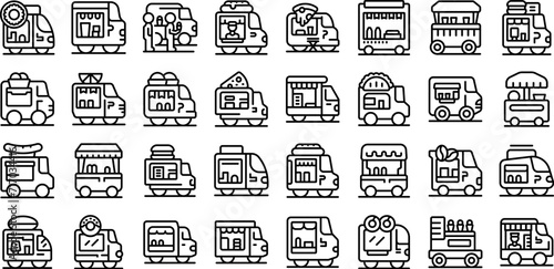 Cafe wheels icons set outline vector. Food truck. Hot dog street shop