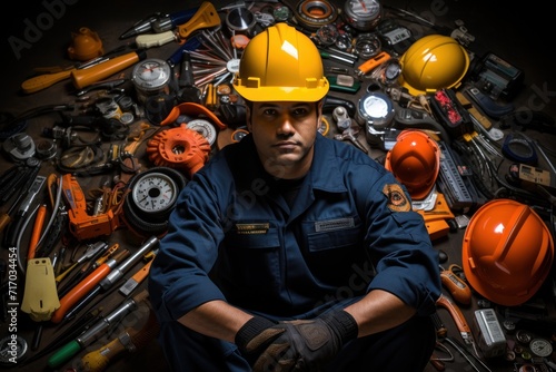 Worker in uniform with hard hat surrounded by an array of tools