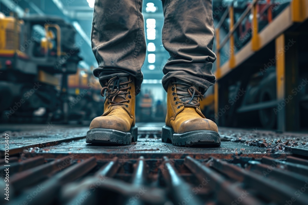 Man walking in work boots on metal floor industrial setting Man walking in work boots on metal floor industrial setting