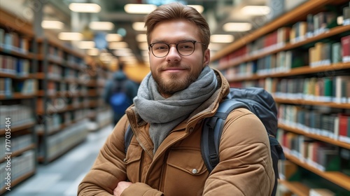 Smiling young man with glasses and scarf in library