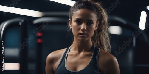 A woman exudes determination and focus as she strides confidently on a treadmill, bathed in warm cinematic lighting. Sweat glistens on her skin, a testament to her effort. © Hidden Eye
