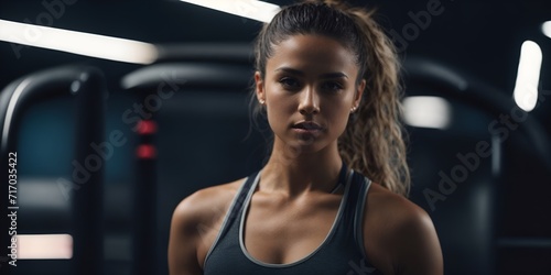 A woman exudes determination and focus as she strides confidently on a treadmill, bathed in warm cinematic lighting. Sweat glistens on her skin, a testament to her effort.