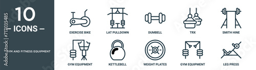Leinwand Poster gym and fitness equipment outline icon set includes thin line exercise bike, lat