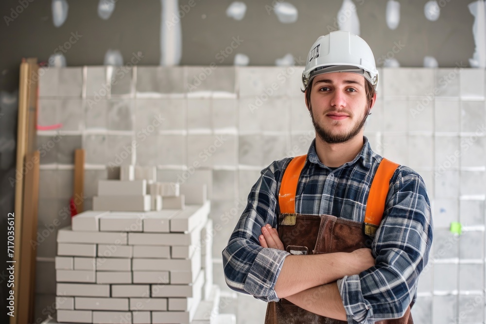 Obraz premium Young male tile installer in new home