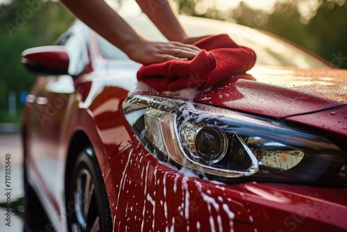 Close-up of hand washing car with microfiber cloth photo