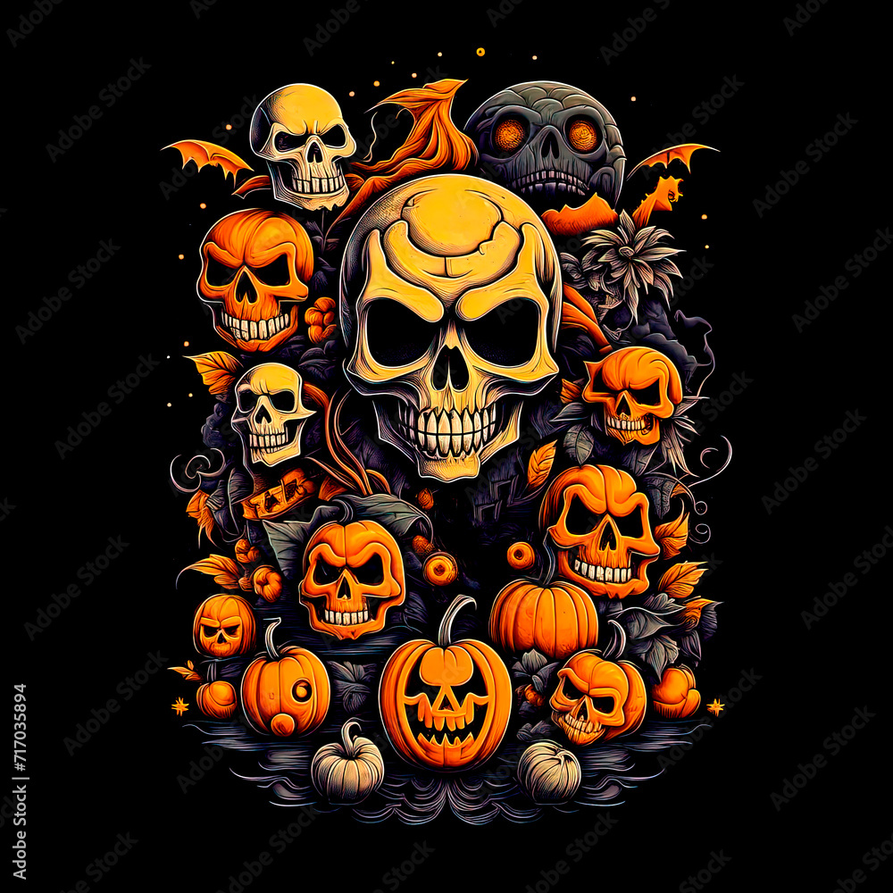 Classic Halloween design with skulls, Jack, pumpkins and bats Classic Halloween design with skulls, Jack, pumpkins and bats