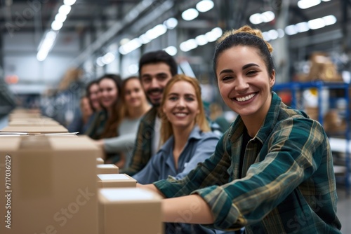 Smiling young workers packaging products at factory photo