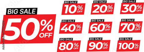 Trendy big sale red label different clearance value set. 10, 20, 30, 40, 50, 60, 70, 80, 90, 100 percent price cut out badge vector illustration isolated on white background, Discount price tags. photo