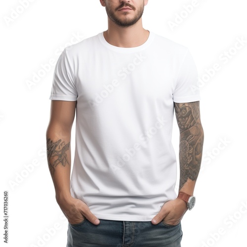 White colour round neck t-shirt, front view isolated on a white background