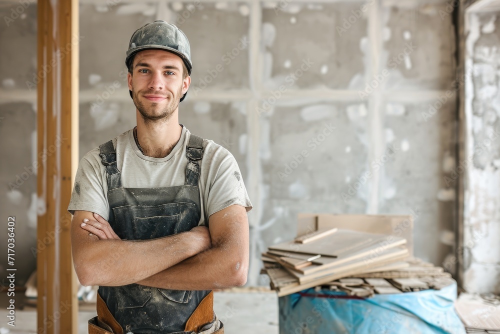 Young male tile installer in new home Young male tile installer in new home