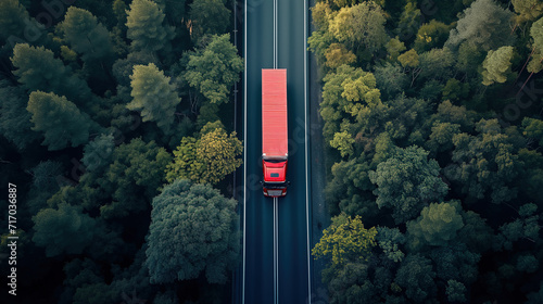 Arial view of red heavy truck on a narrow road trough the forest