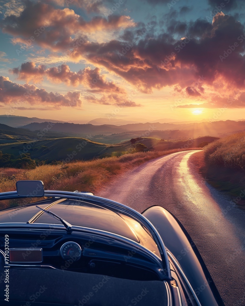 A scenic countryside road with a vintage car parked, surrounded by rolling hills and a sunset sky