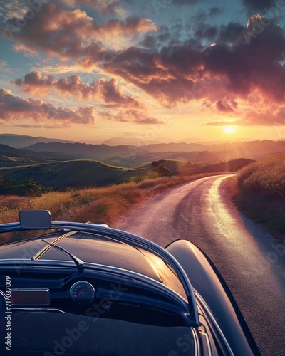 A scenic countryside road with a vintage car parked, surrounded by rolling hills and a sunset sky © Nino Lavrenkova